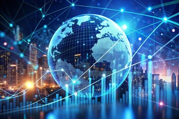 Fototapeta premium Global Network and Cityscape - A digital globe with a network of lines radiating from it, against a backdrop of a city skyline.