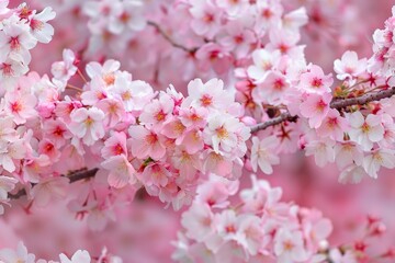 Detailed view of vibrant pink cherry blossoms in full bloom on a tree branch, Cherry blossoms in full bloom