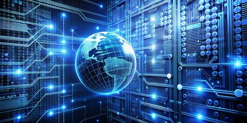Global Network Technology - A digital globe is presented in front of a blue circuit board representing the global connectivity of technology