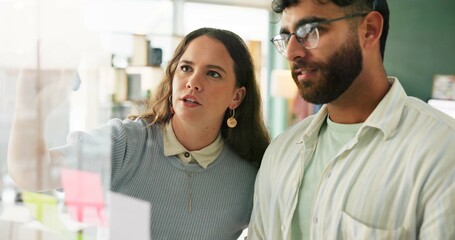 Office, meeting and glass wall for discussion, planning and sticky notes for report. Man, woman and team for small business, teamwork and collaboration for partnership or b2b networking project