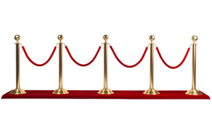 Set of stanchions with red velvet ropes transparent background.