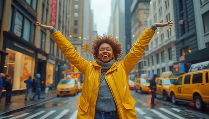 An excited woman in a bright yellow coat raises her arms joyfully while standing in a bustling city street, with yellow taxis and urban buildings in the background.