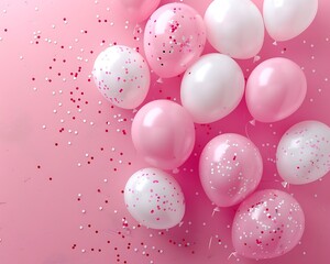 Festive pink background with balloons and confetti for celebration or party, shown from above. Space for text.