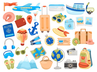Flat set of tourism icons. Large set or collection for travel, tours, tourism or camping. Vector illustration