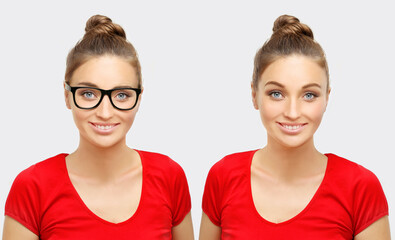 Astigmatism, Hyperopia, and Myopia.Girl wearing black glasses and girl without glasses