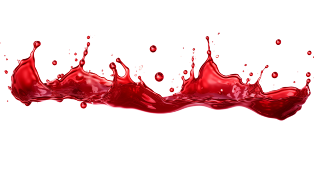 Set of vibrant and energetic splashes of a red liquid similar to red berry jam, juice or punch transparent background.