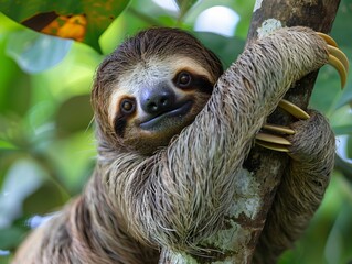 Fototapeta premium Adorable Sloth Clinging to a Tree in a Lush Forest