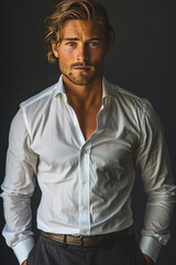 Obraz premium a handsome man in a white dress shirt and dark pants. He is muscular with an athletic build.generative ai