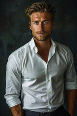 Obraz premium a handsome man in a white dress shirt and dark pants. He is muscular with an athletic build.generative ai
