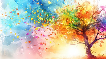 Watercolor Rainbow Tree with Pastel Sky and Reflection