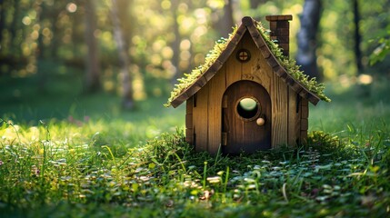 Enchanting Wooden Birdhouse in a Sunlit Forest Clearing