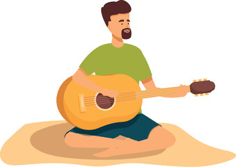 Young man with beard sitting cross legged and playing an acoustic guitar on the beach