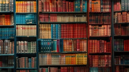 Fototapeta premium Bookshelves filled with lots of different colored books in a library