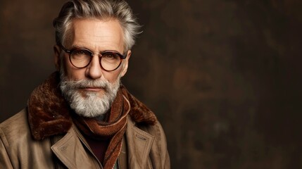Obraz premium An older man with a grey beard and glasses stares directly at the camera
