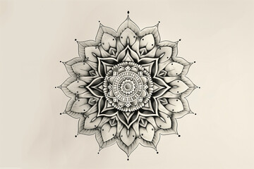 The image is a detailed sketch of a mandala, ideal for a tattoo design. It features intricate patterns with multiple layers of petals and geometric shapes radiating from the center. 