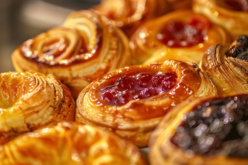 Close-up of delicious assorted pastries with fruit toppings, showcasing golden, flaky crusts and vibrant, sweet fillings. high quality