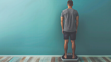 Man Standing on Scale, Back View, Weight Measurement, Blue Background with text space