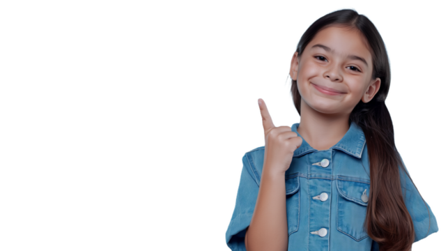 Smiling Latin Girl in Denim Shirt Pointing Upwards, transparent Background