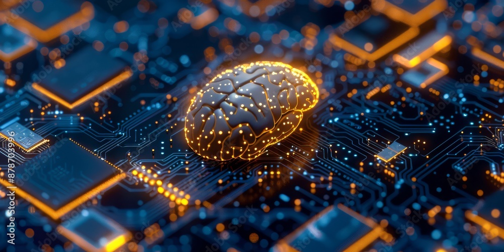 Poster a brain model symbolizes ai technology on a circuit board, blending digital innovation and cuttinged