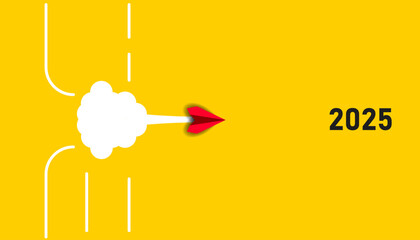 Red paper airplane going to new year 2025. goal focus future reach idea concept.	
