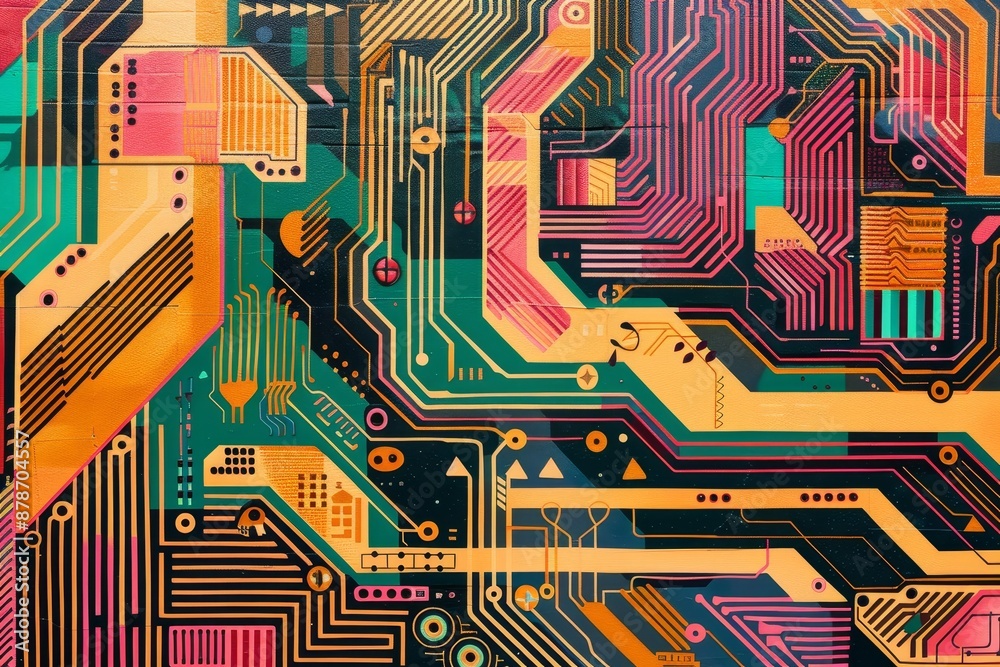 Poster detailed close-up view of a computer circuit board showing intricate patterns and geometric shapes, 