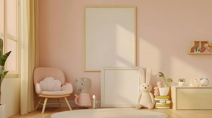 Minimalist Kids Room with Mock up Frame and Sleek Decor in 3D Rendering