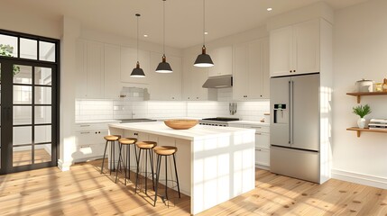 Minimalist Kitchen Design with Clean Lines and White Cabinets - Home Mockup 3D Render
