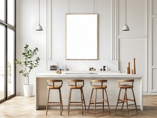 Minimalist Kitchen Design with Island and Barstools,Elegant 3D Rendering