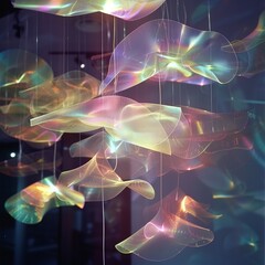 Ethereal glowing sculptures suspended in a modern gallery, luminous, surreal, delicate, futuristic, abstract