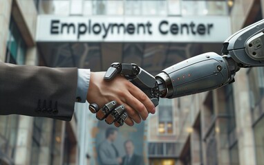 Businessman shaking hands with an AI robot in front of employment center symbolizing technology and collaboration in the future workplace