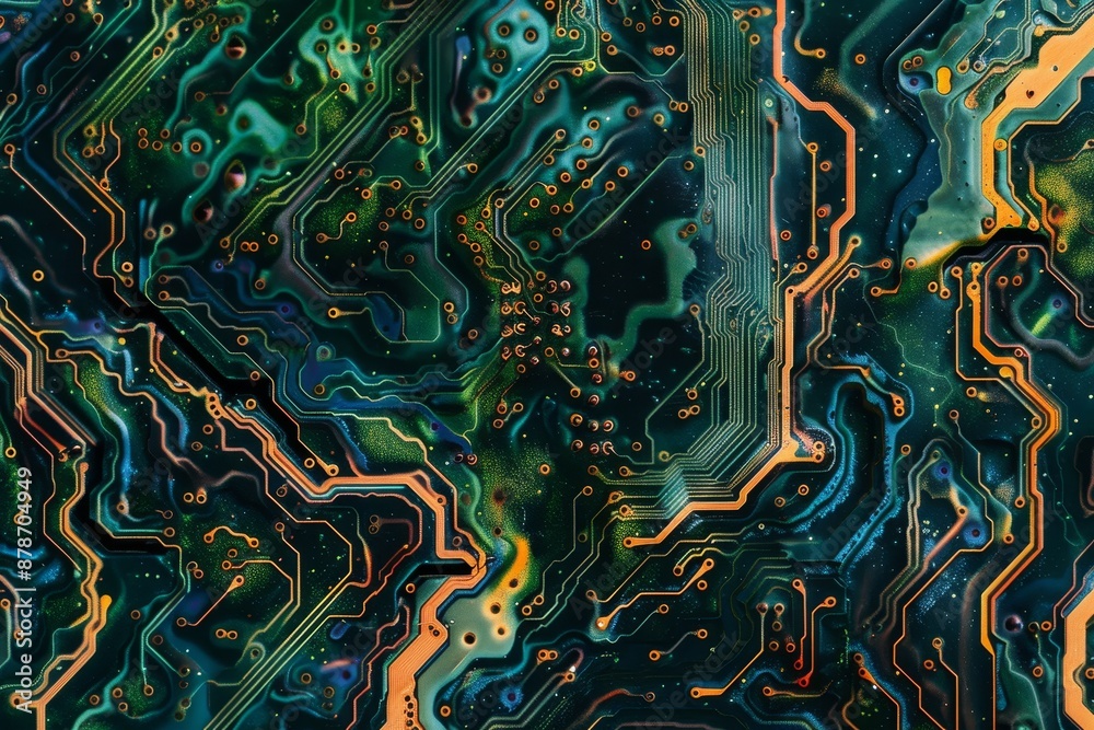Poster various colors merge on a computer circuit board, creating a vibrant and chaotic pattern, circuit bo