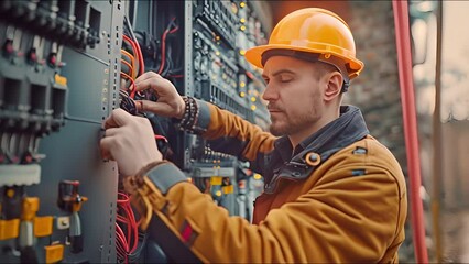 A household electrical panel's cable is fastened by an electrician expert using a screwdriver.