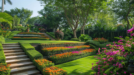 Obraz premium Beautiful home garden with terraces and path, design of landscaped backyard, stone retaining walls in summer. Concept of landscaping, plant, flower, nature