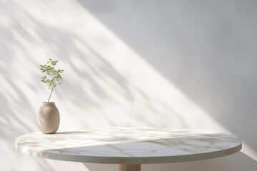 Round marble table on white wall background for mockup product display