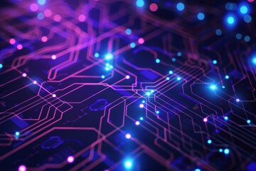 Close-up view of a circuit board illuminated with blue and pink lights, showcasing the digital ecosystem created by circuits and nodes, Circuits and nodes creating a digital ecosystem