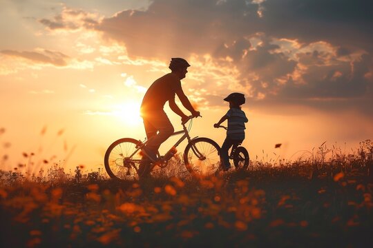 father and son ride a bike in the park