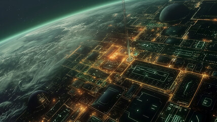 A stunning view of Earth from space, showcasing a glowing digital network overlaid on the planets surface, symbolizing advanced technology and connectivity