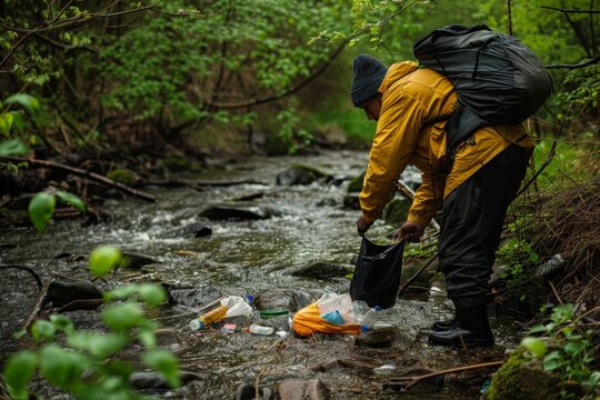 A man wearing a yellow jacket stands in a stream, possibly cleaning up litter and pollution, Clearing a stream of litter and pollution - Powered by Adobe