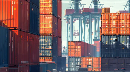 Fototapeta premium Background of a busy cargo terminal with stacked shipping containers