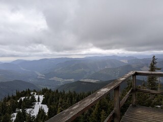 View from scenic overlook in the Pacific Northwest on cloudy day with railing in foreground