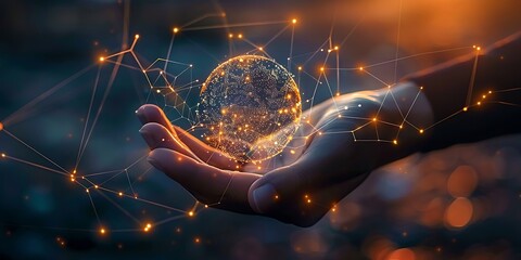 Abstract palm hands with global network connections, innovative technologies in the field of science and communication, Hand holding flying earth network global connection