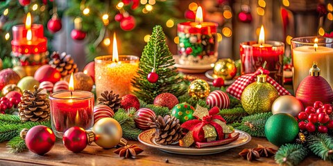 Vibrant candles, colorful ornaments, and festive figurines adorn a beautifully set holiday table, evoking warmth and joy of the Christmas and New Year celebrations.