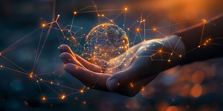 Abstract palm hands with global network connections, innovative technologies in the field of science and communication, Hand holding flying earth network global connection