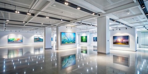 Empty white modern gallery showcasing interactive digital art pieces with AR technology, offering immersive museum experience, floor-to-ceiling screens, and sleek minimalist interior design.