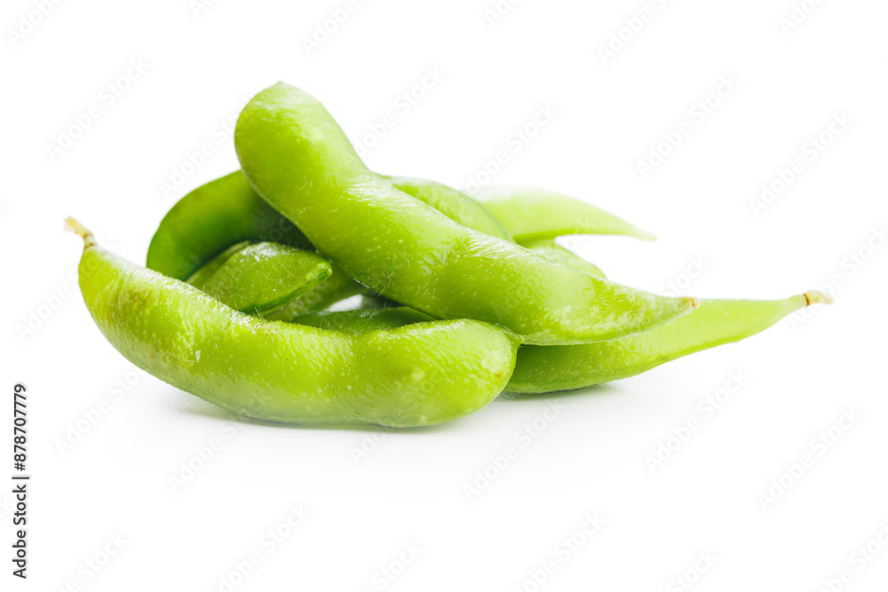 Wall mural green edamame pods. fresh soybeans isolated on white background.