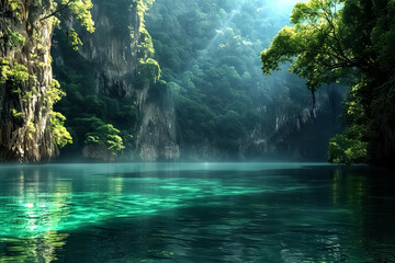 Pristine turquoise water surrounded by lush cliffs and dense forest, illuminated by sunlight. Perfect for nature, travel, and adventure themes. high quality