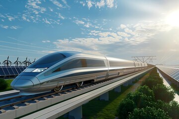 Fototapeta premium A high-speed maglev train passing through a renewable energy farm