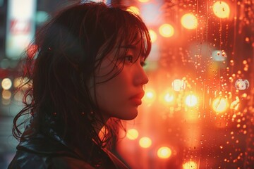 Naklejka premium A young woman with dark hair stares out a window at the lights of a busy city street. Raindrops streak the windowpane