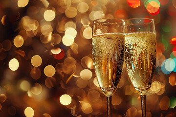 Two champagne glasses with bubbles against a background of festive lights, celebrating a special occasion.