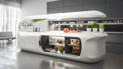 In a contemporary kitchen within a modern residential environment, the fusion of technology and sophistication is evident through smart appliances, stylish cabinetry, and elegant design elements